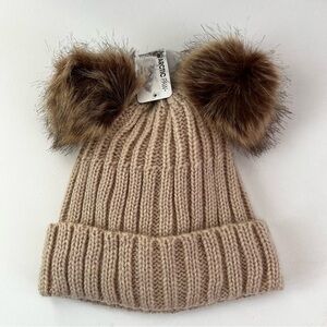 NWT • Arctic Paw Women’s Cable-Knit Beanie With Double Faux Fur PomPoms • Brown